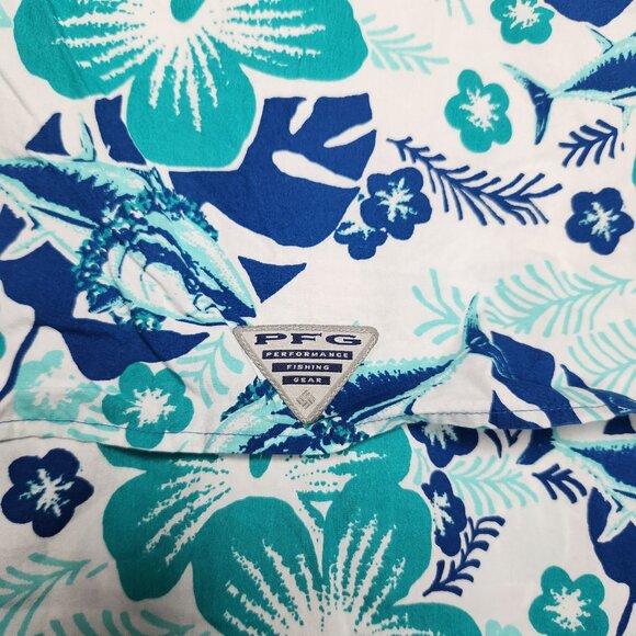 Columbia PFG Shirt Mens Large Floral Hawaiian Fishing Vented Short Sleeve Blue - Picture 7 of 15